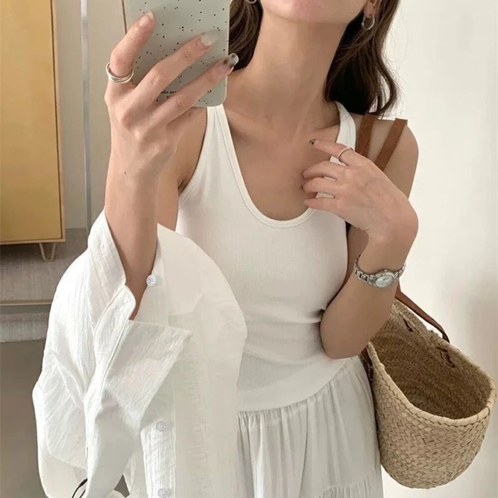 Top de Verano Estilo Coreano con Tirantes y Relleno en el Pecho, Cuello en U, Color Sólido, Espalda Descubierta, Sin Mangas, Ajustado para Mujer