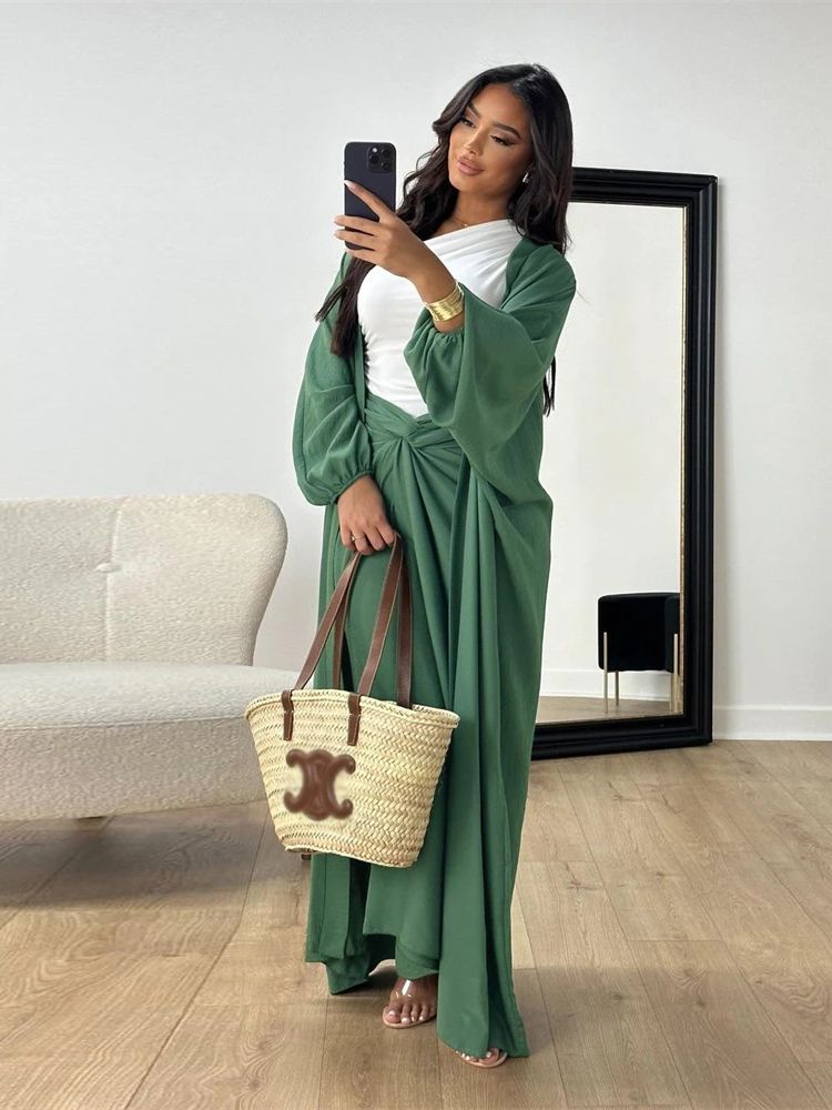Eid caftán marroquí liso 2 piezas Abaya conjunto Tops falda conjuntos musulmanes modestos Abayas para mujer ropa bata mujer musulmane Kaftan