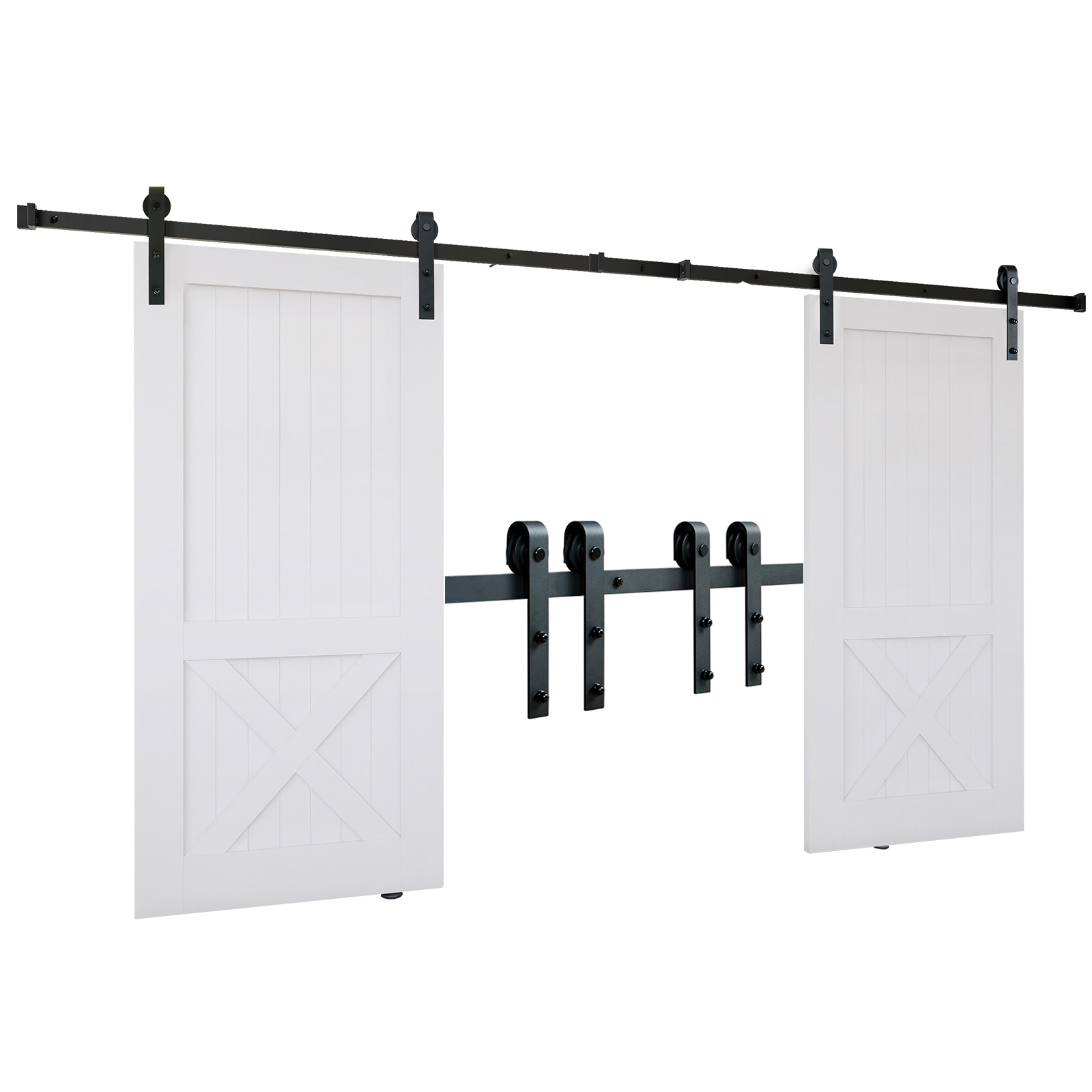 SucceBuy Kit de ferragens para porta de celeiro deslizante de 8 pés 330LBS Kit de trilho para porta de celeiro resistente para portas duplas com polia silenciosa