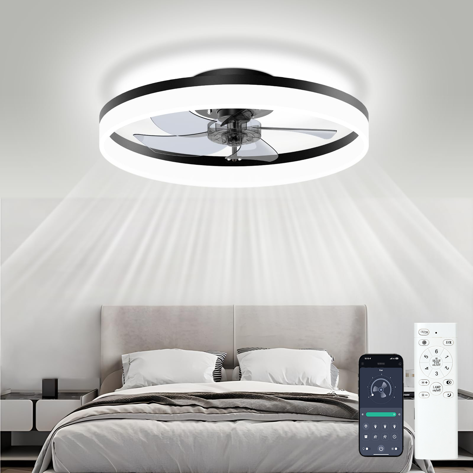 Eenvoudige LED-plafondventilator, afstandsbediening met oneindig dimmen, 6 niveaus windsnelheid ​ ​ Woonkamer Slaapkamer kroonluchter ventilator