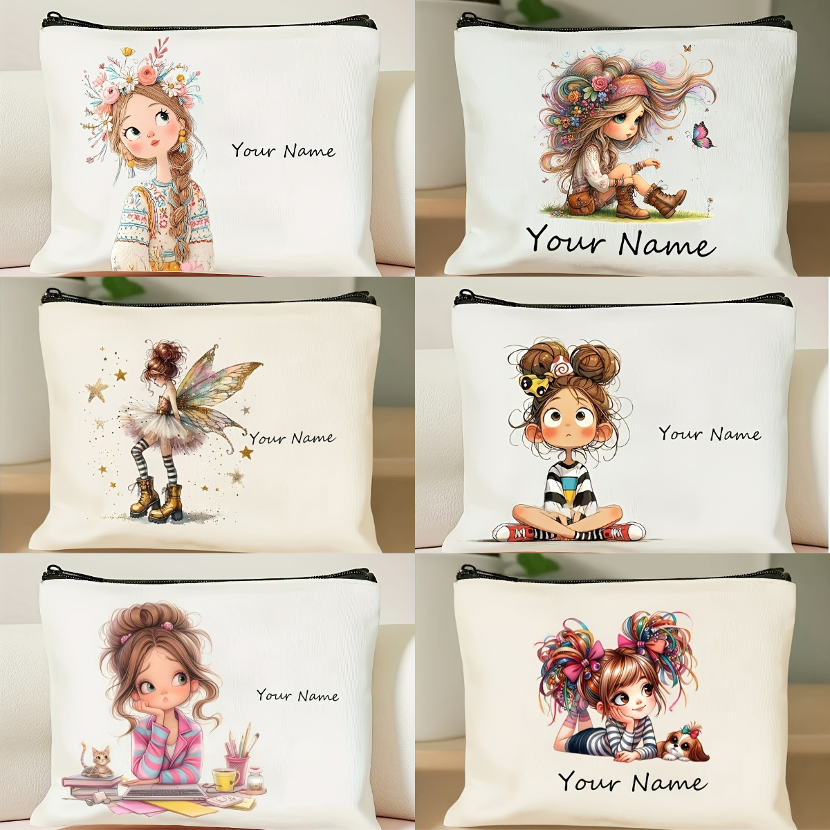 Agregue su nombre Bolsa de maquillaje Patrón de niña linda Bolsas de almacenamiento de artículos de tocador con cremallera portátil Bolsa de cosméticos para mujeres Amiga Regalo de Navidad