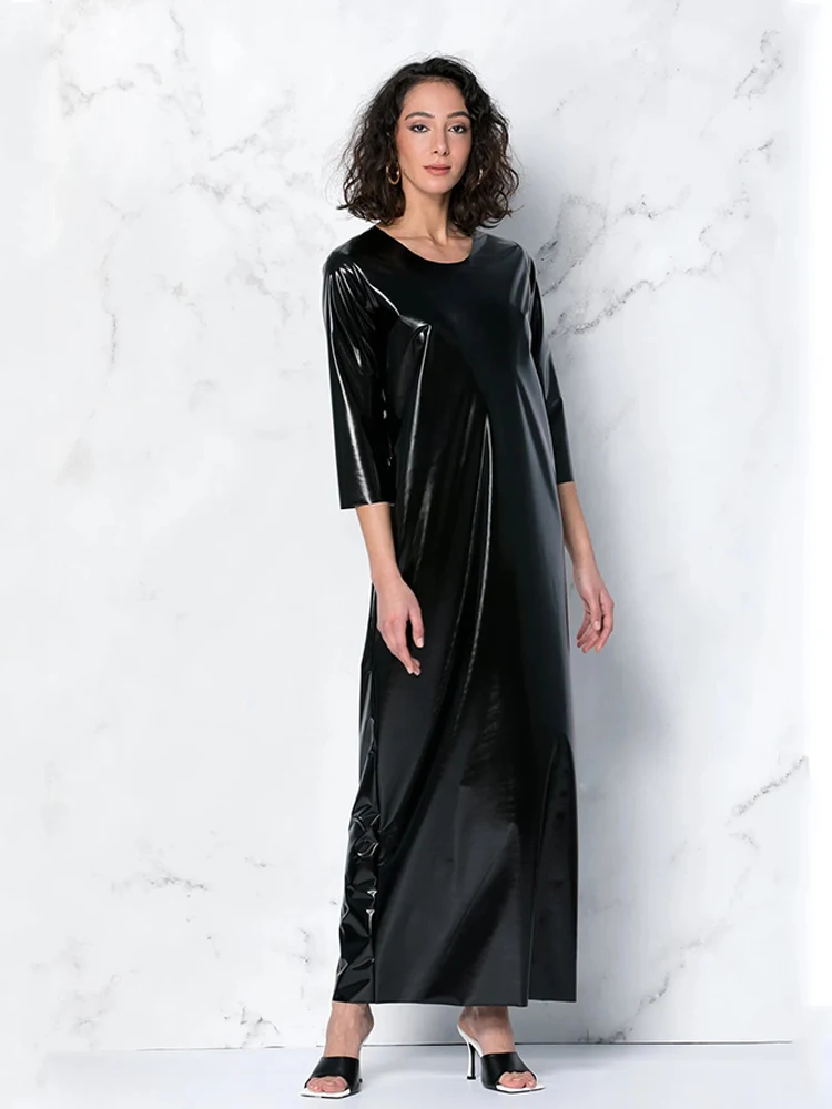 Vestido largo de charol brillante para mujer, vestido largo holgado de látex sintético sexi con dobladillo dividido de PVC, ropa informal para el hogar, jersey personalizado