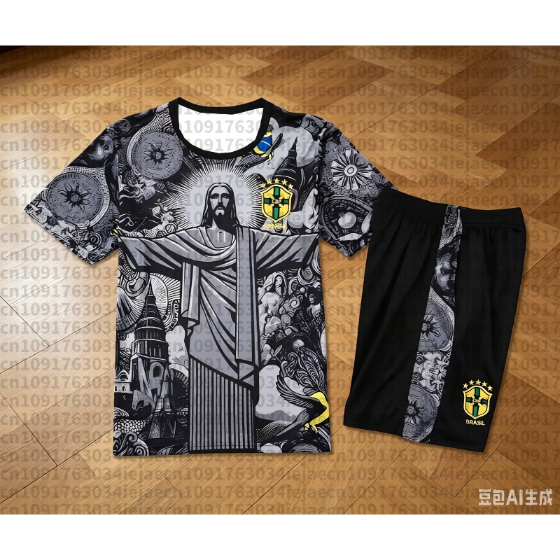 ชุดเซ็ตเสื้อผ้าสตรีทแวร์ 2 ชิ้น ปี 2026 สำหรับผู้ใหญ่และเด็ก ลายพระเยซูคริสต์แห่งบราซิล เสื้อยืดแขนสั้น กางเกงขาสั้น ชุดกีฬาฟุตบอลฤดูร้อน
