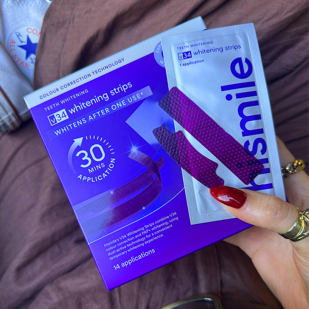 Hismile V34 tiras blanqueadoras de dientes marca Original eliminar la boca limpia amarilla cuidado Dental blanquea después de un uso parche de dientes púrpura