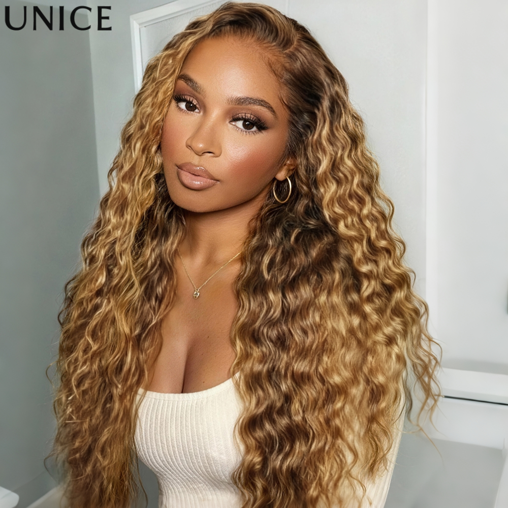 UNice Bye-Bye Slip ™   Wig Rambut Asli 100% Tanpa Lem, Model Water Wave Warna Bronde dengan Highlight Honey Blonde, Lace Frontal 13x4