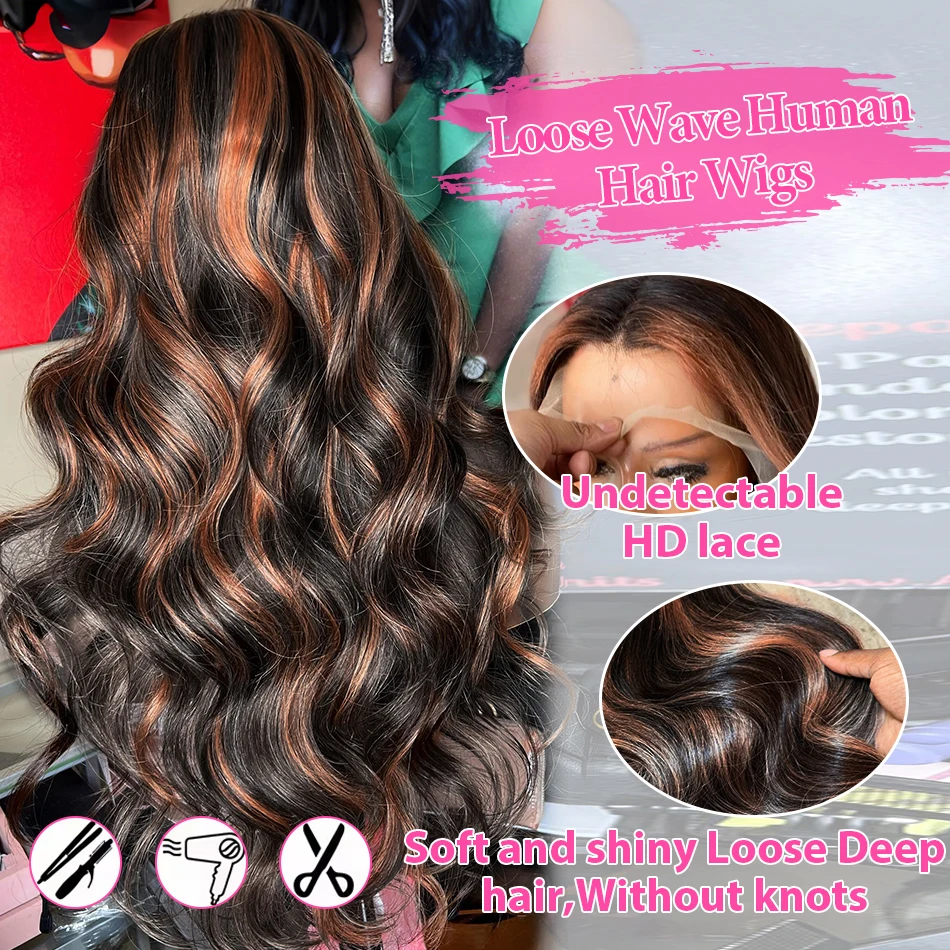 Peruca Frontal de Renda de 36 Polegadas com Destaques 1B/30, Cabelo Humano Brasileiro, 13x4 13x6, Ombre Body Wave, Perucas Frontais de Renda HD de Cabelo Humano para Mulheres, Pré-arrancada