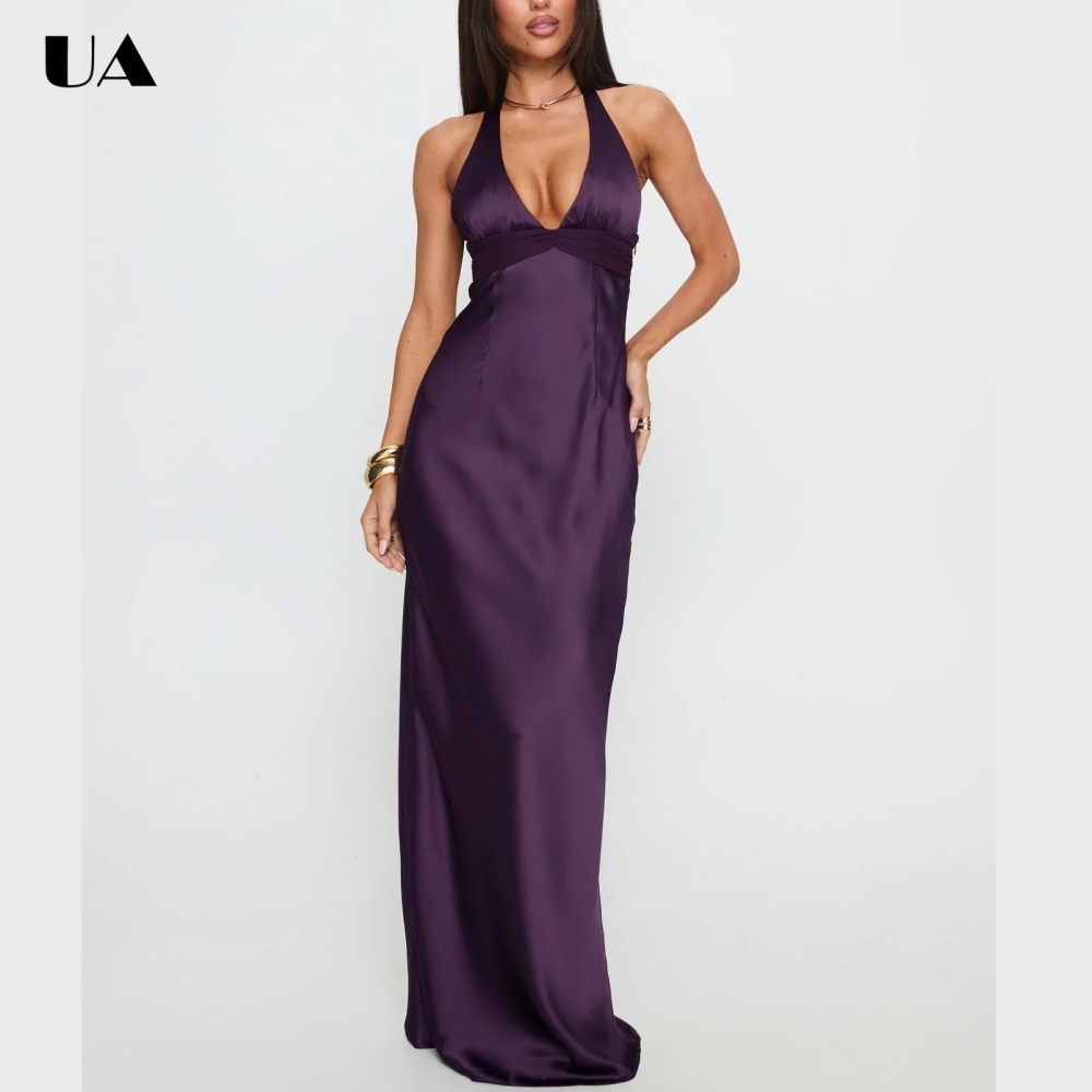 ULBYANRY Sexy Neckholder-Rückenfreies Abendkleid für Damen, Modisches Einfarbiges Satin-Abendkleid, Maßgeschneidertes Ärmelloses Partykleid