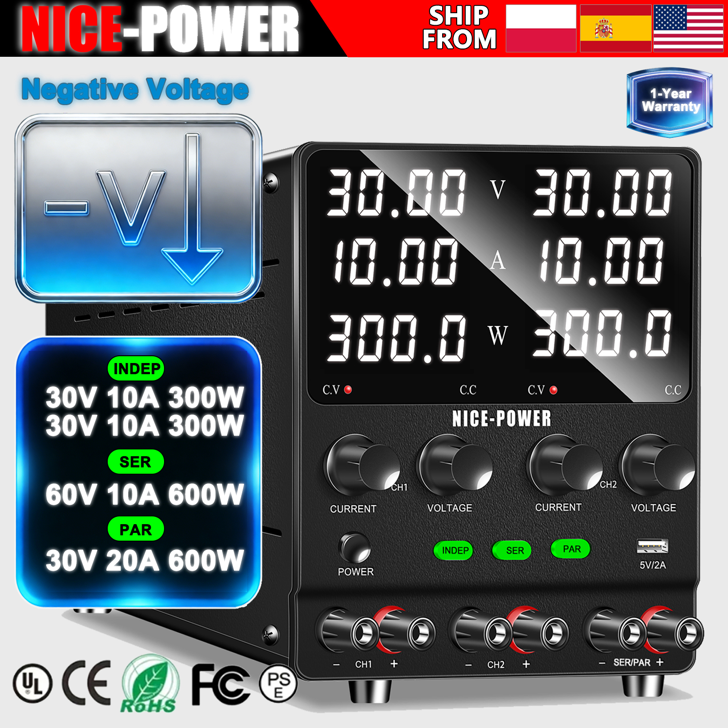 Alimentatore DC Multicanale NICE-POWER, Variabile 0-240V 0-20A, Alimentatore da Banco, Doppia Uscita Indipendente, Serie e Parallelo