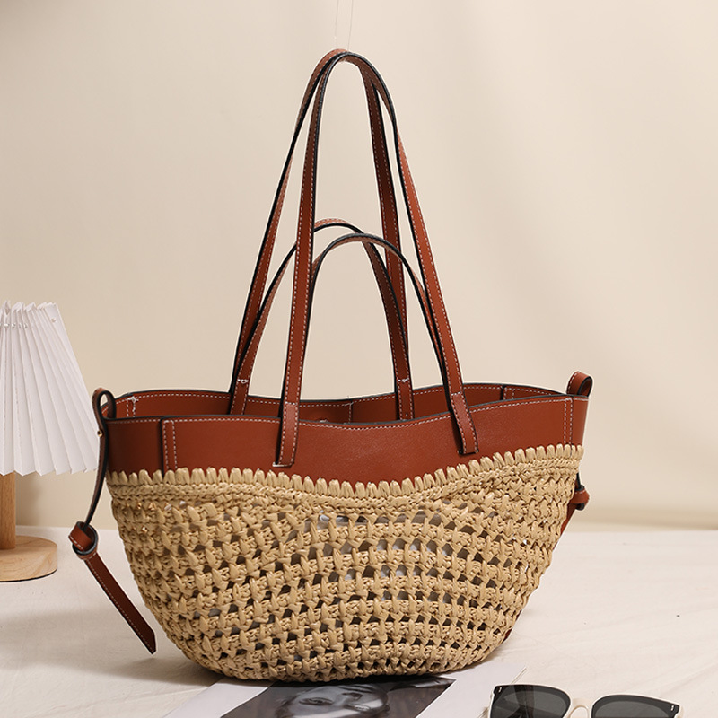 Bolsa de palha vazada estilo europeu e americano, nova cesta de mão para vegetais, bolsa de palha moderna, bolsa de férias