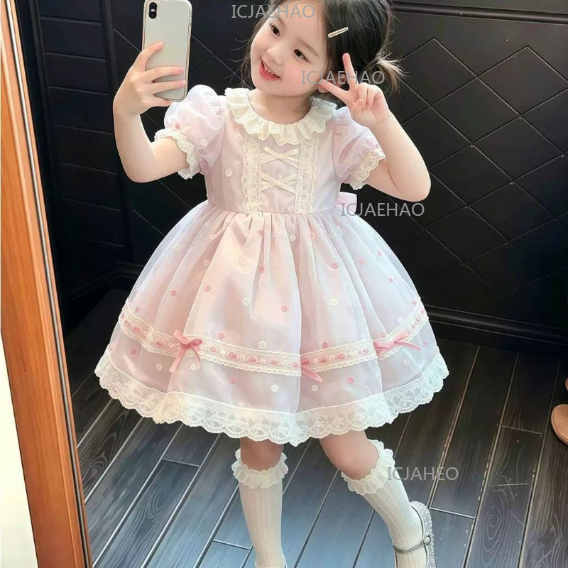 Mädchen Süßes Rosa Puffärmel Spitzen-Prinzessinnenkleid Festliches Elegantes Geburtstagsparty Lolita-Kleid Kostüm Sommer Neu