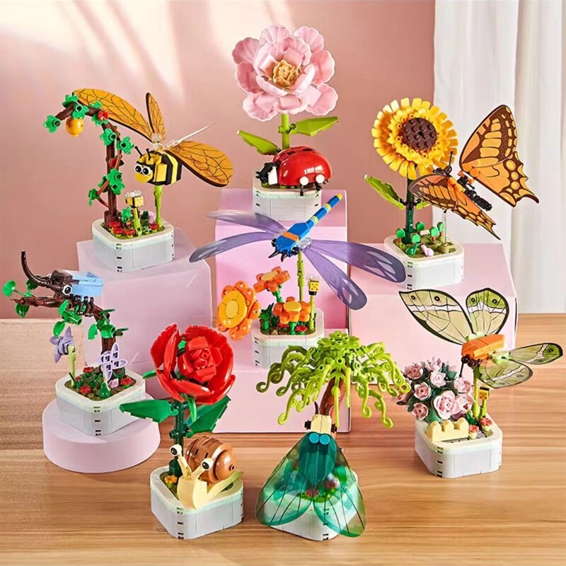 Blocos de construção de buquê suculento, flor de inseto, tijolos modelo, decoração criativa, DIY montar brinquedos para meninas, presentes infantis