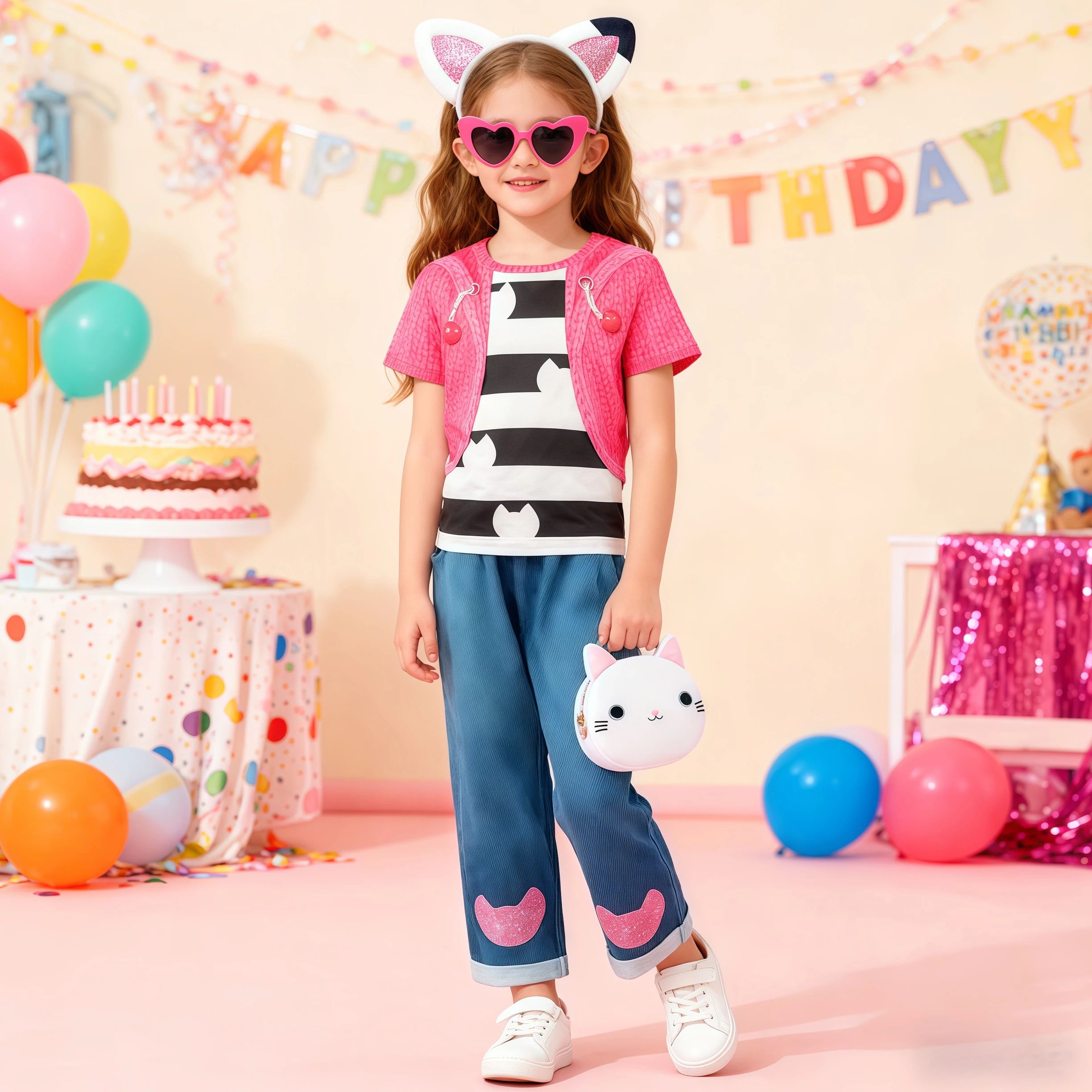 子供用漫画ストライプ猫柄トップスとパンツ、アクセサリー付き、小さな女の子の誕生日パーティー、ハロウィン、クリスマス、カーニバルコスチューム用