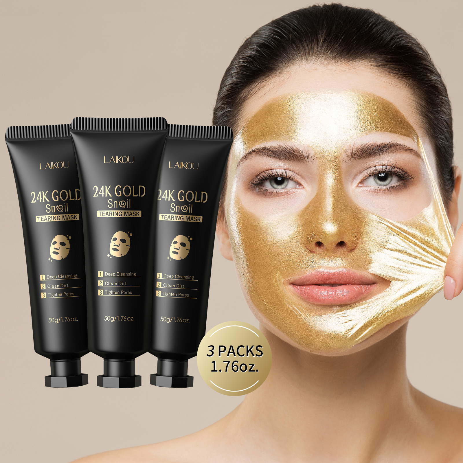 LAIKOU 24K or escargot Peel-Off masque 3 pièces nettoyage en profondeur pores resserrement points noirs élimination détoxifiant traitement du visage 50g