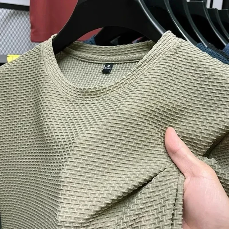 Herren Kurzarm Mesh Bambus Eisseide T-Shirt Lässiges Vielseitiges Sommer Elastisches Schlankmachendes Oberteil für Männer