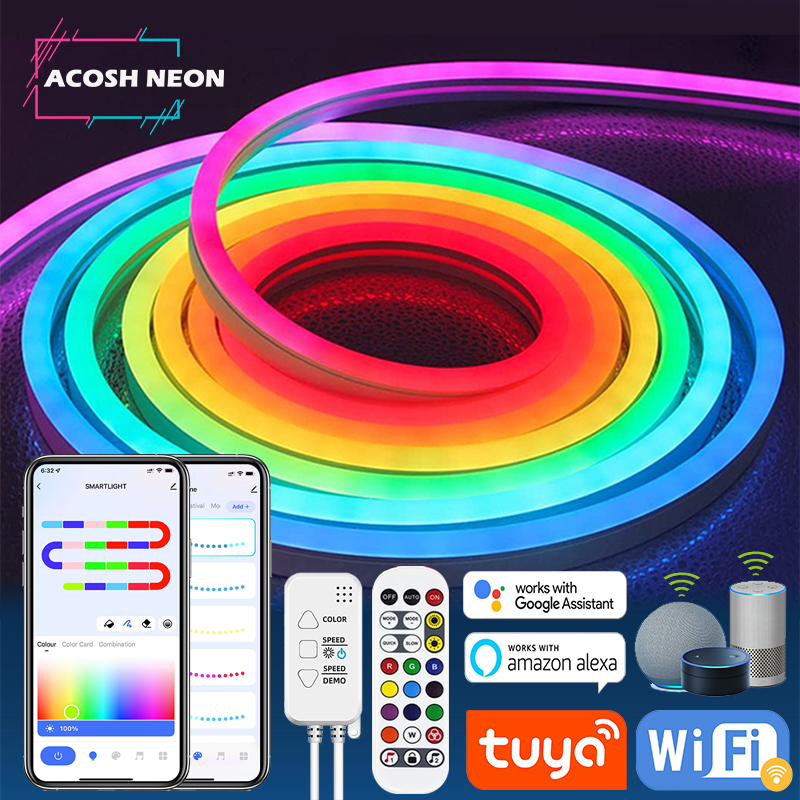 Tira de luces LED de neón TUYA, 12-24V, 84LEDs/M, cuerda de luz de neón de silicona con sincronización de música, cinta de persecución RGBIC Dreamcolor para habitación