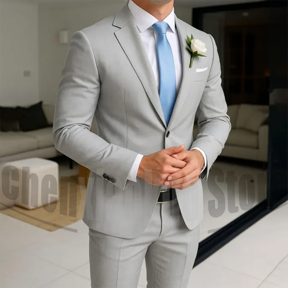 Men's Light Gray Suit Set Notch Lapel Single Breasted Outfit Formal Wedding Groom Prom Stylish Slim Fit Male Suit 2 Piece