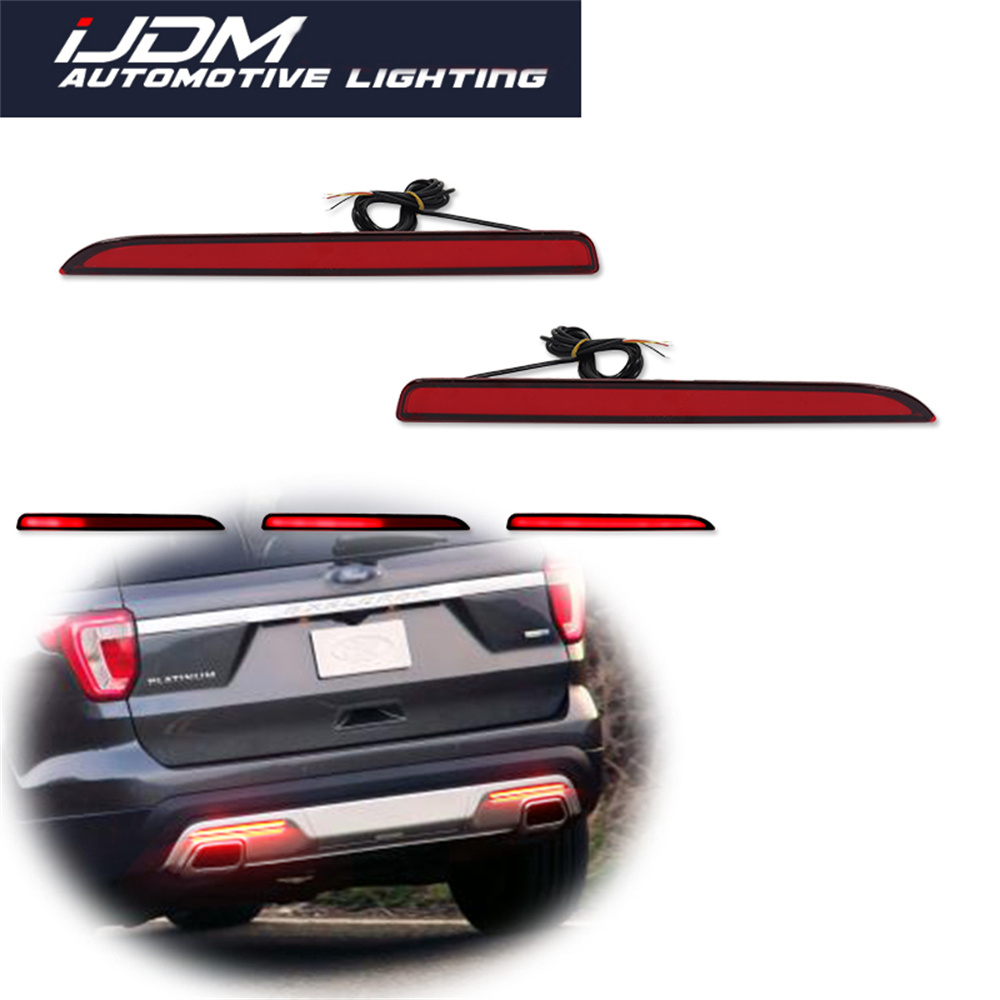 For 2016-2019 Ford Explorer Red LED Rear Bumper Reflector Lights Function as Tail/Brake & Rear Fog Light Sequential Turn Signal