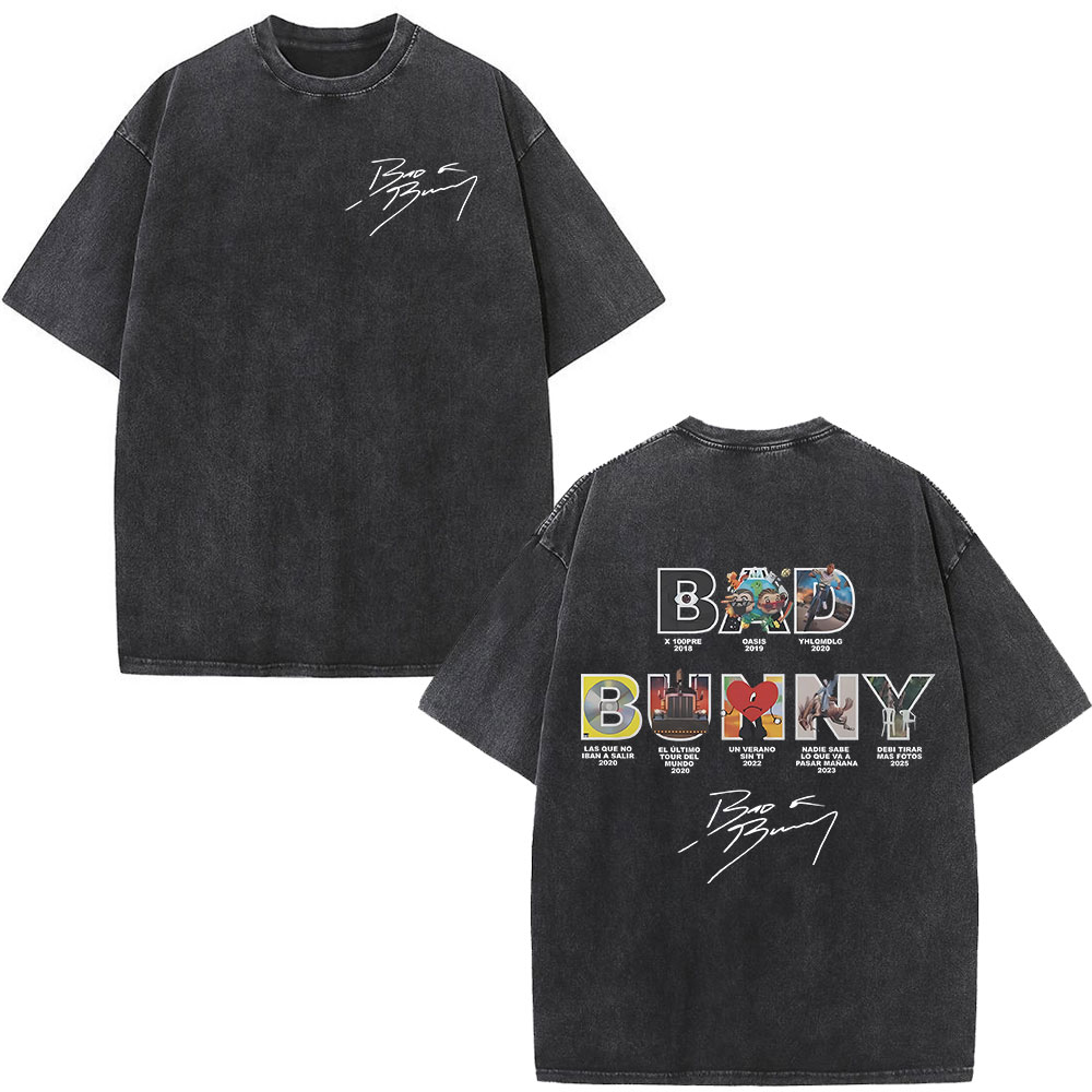 Rapper Bad Bunny Album Cover Print T-Shirt Debi Tirar Mas Fotos DTMF Washed Vintage T-Shirt Männer Frauen Hip Hop Übergroße T-Shirts