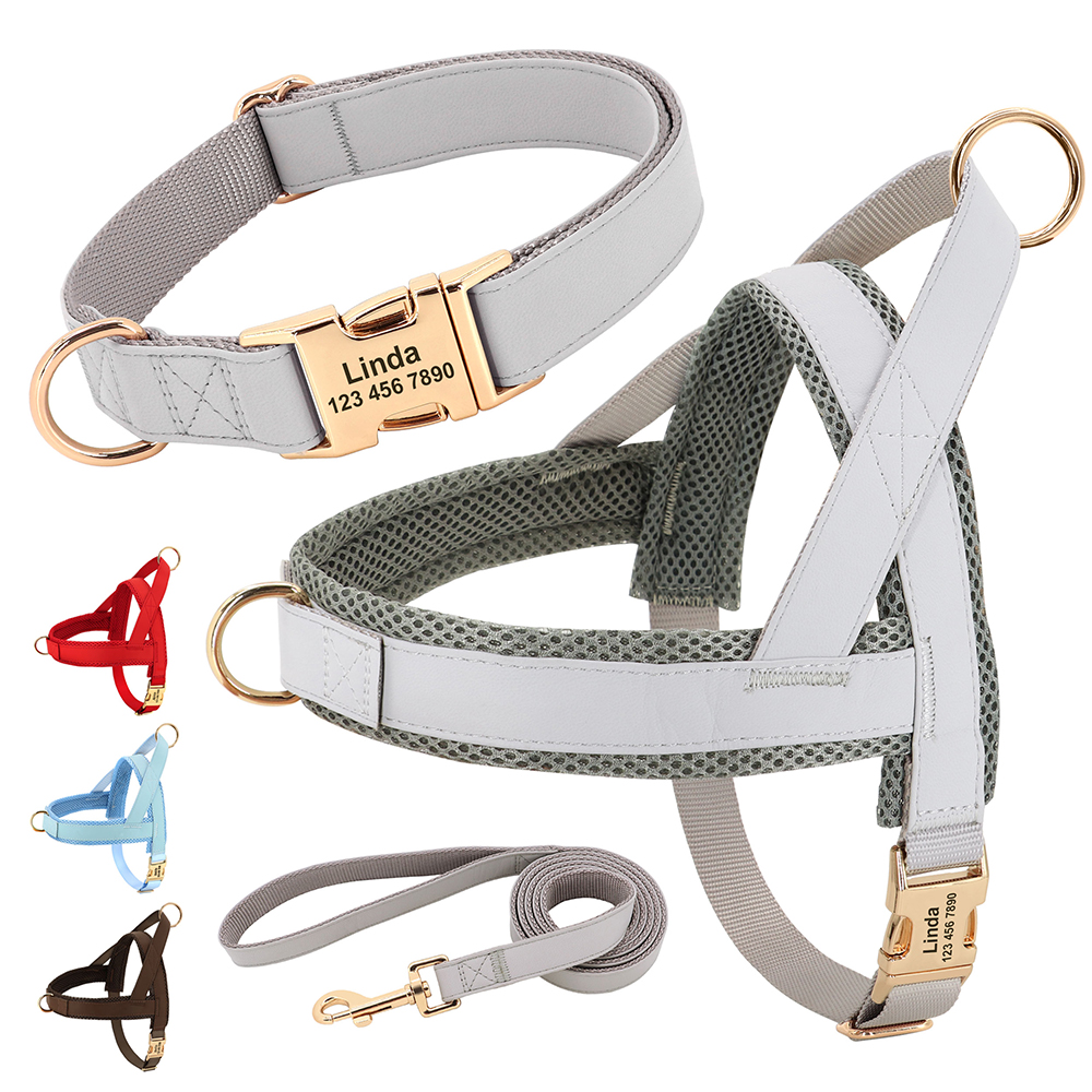 Personalized Leather Dog Collar Harness Leash Set Pet Mesh Vest Harness Customized ID Pet Leads For Small Medium Large Dogs