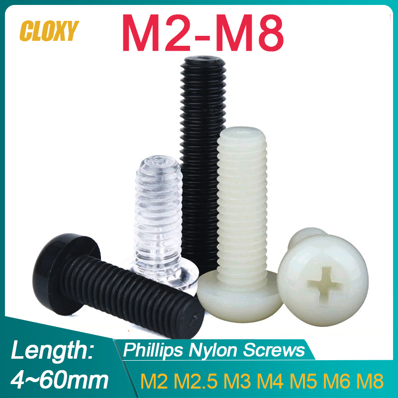 100/ 50/ 20 Stück M2 M2,5 M3 M4 M5 M6 M8 Metrisches Gewinde Schwarz Weiß Nylon Kunststoff Phillips Flachkopf Kreuz Rundschraube L = 4-60 mm