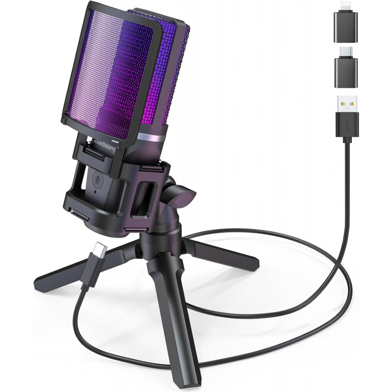 ไมโครโฟน USB สำหรับพีซี, ไมค์คอมพิวเตอร์แบบคอนเดนเซอร์ RGB พร้อมขาตั้งแบบสามขา, ปิดเสียงได้รวดเร็ว, ควบคุมระดับเสียงสำหรับการเล่นเกม, สตรีมมิ่ง