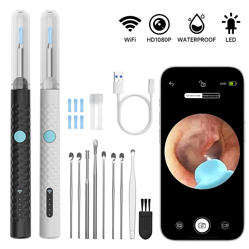 Otoscope visuel sans fil Ultra mince, caméra 4.2MM HD 1080P, portée auriculaire, Endoscope WiFi pour iOS/Android, avec outils de nettoyage du cérumen