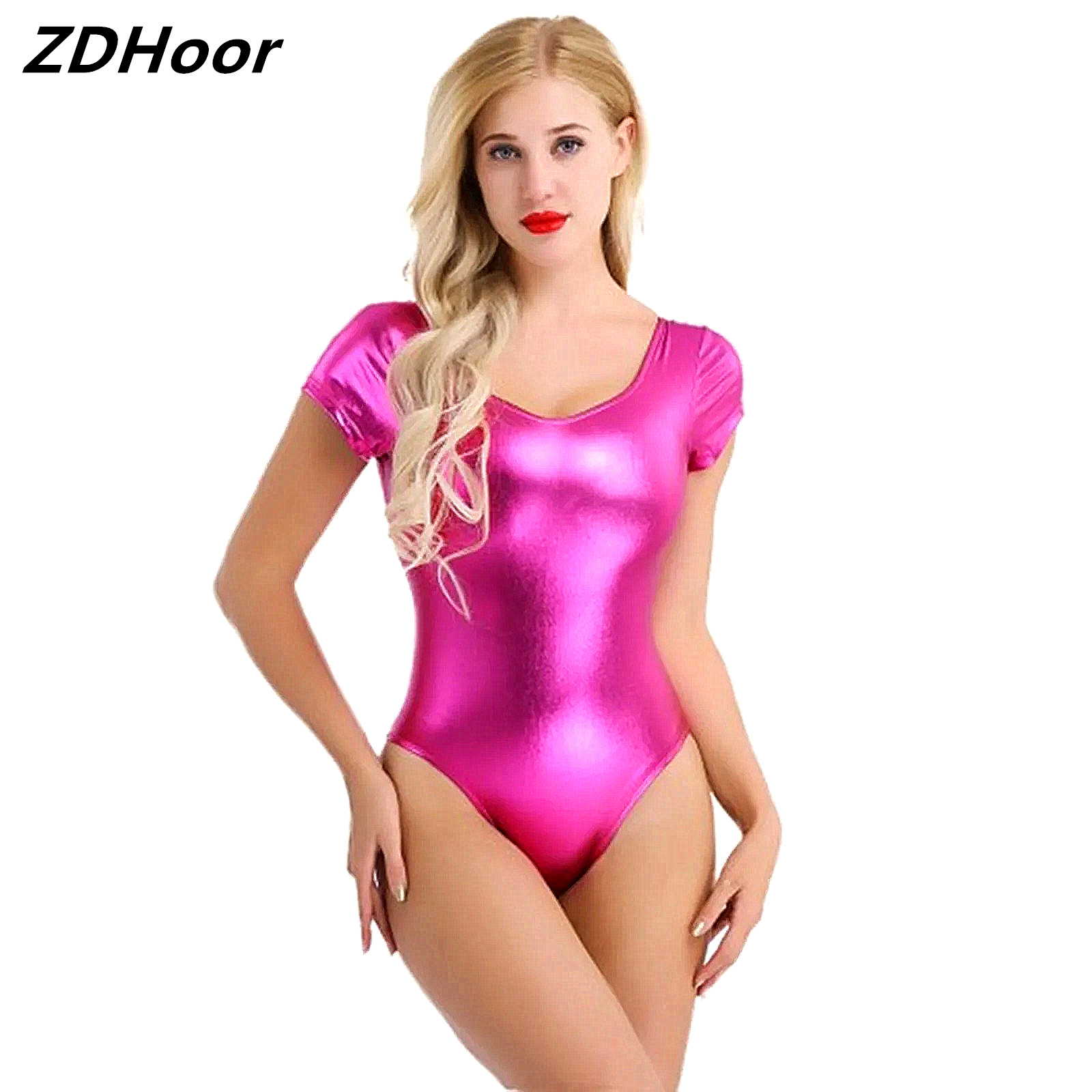Body de charol brillante para mujer, recién llegados, leotardo de una pieza de manga corta, Ropa de baile