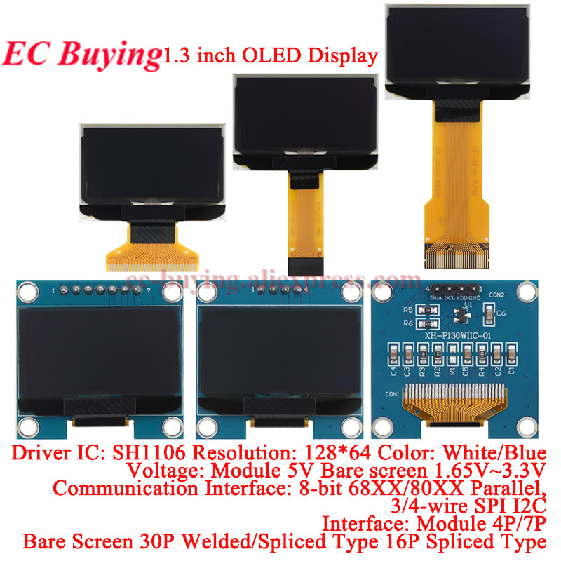 1,3 inch OLED-display LCD-schermmodule 1,3" resolutie 12864 128x64 IIC I2C-interface SH1106 driver blauw wit 4-pins/7-pins 30-pins