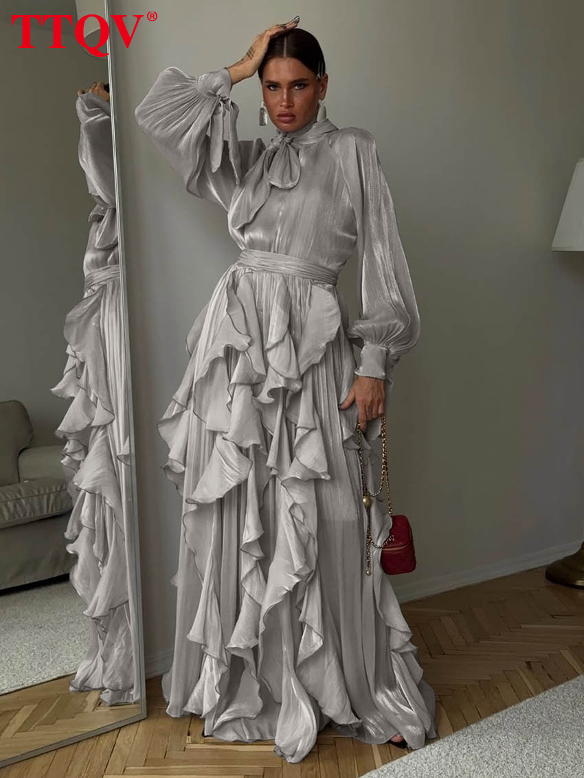TTQV Modna Luźna Szara Sukienka Damska Wiosna 2026 z Kokardą przy Kołnierzyku, Długi Rękaw, Sukienki Maxi Eleganckie Klasyczne z Falbanami, Sukienka Damska
