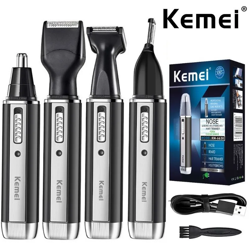 Recortadora Kemei KM-6630 4 en 1 para hombres, recortadora eléctrica para nariz y orejas, recortadora recargable para barba, nariz y limpiador de orejas