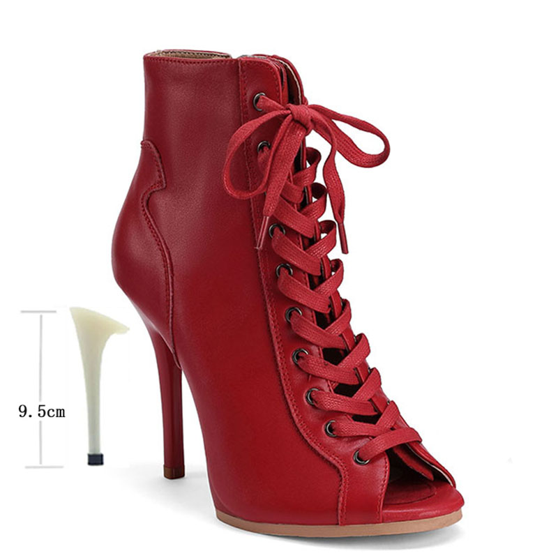 Rindsleder Jazz Dance Schnürung Sexy Jazz Dance Spezielle High Heels Sandalen Hohlriemen Stiletto Dance Stiefeletten