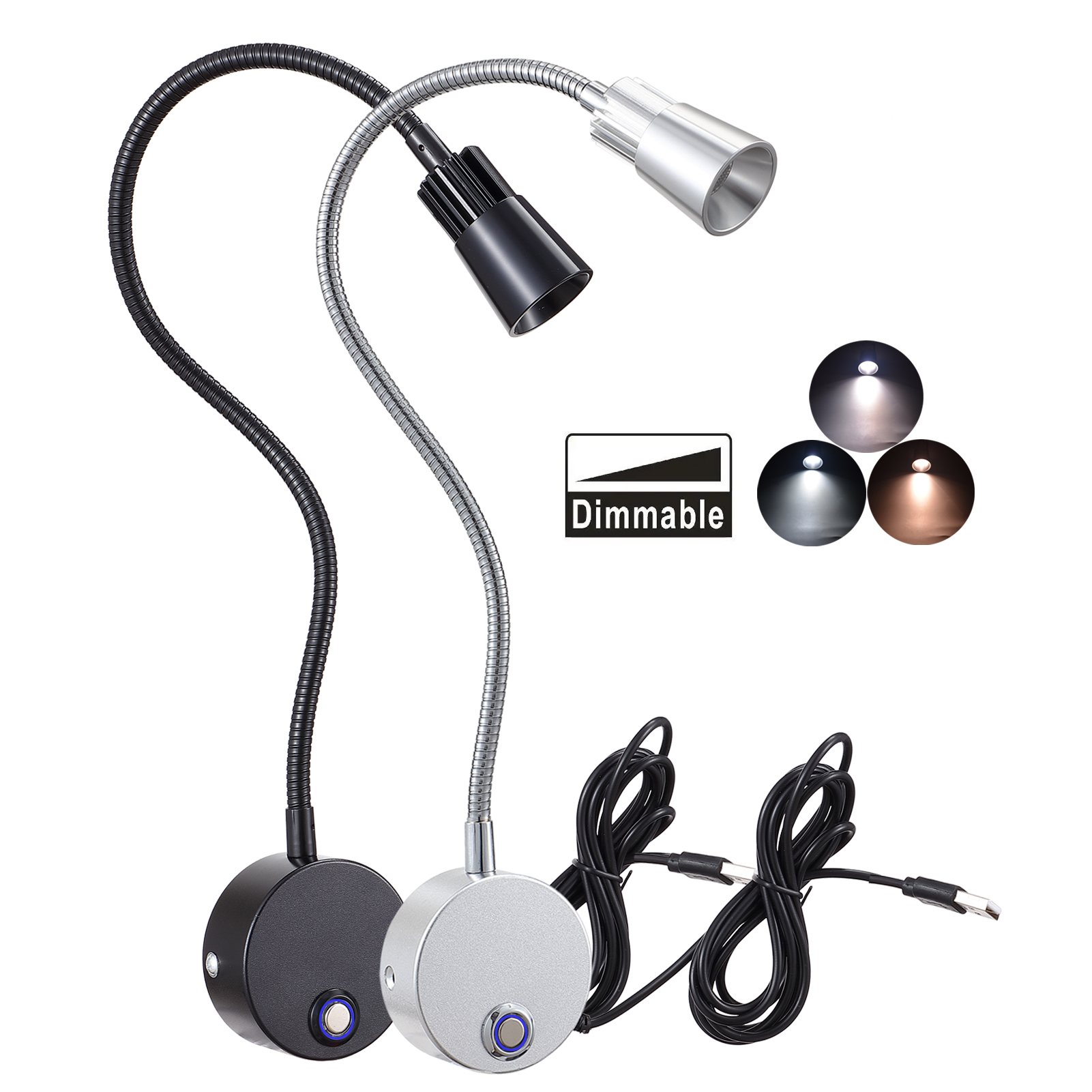 3CCT USB Dimmable Lâmpada de parede, lâmpada de leitura de cabeceira, luz ajustável, 15 ", CRI98, RGB, 5V