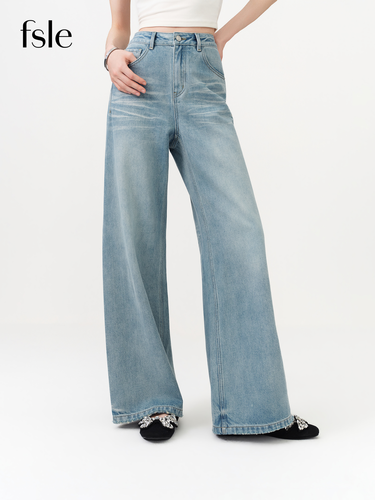 FSLE Nowe Letnie Damskie Jeansy z Szerokimi Nogawkami Vintage Sprane Proste Spodnie z Szerokimi Nogawkami z Wysokim Stanem Denimowe Spodnie Casual Street Style Chic