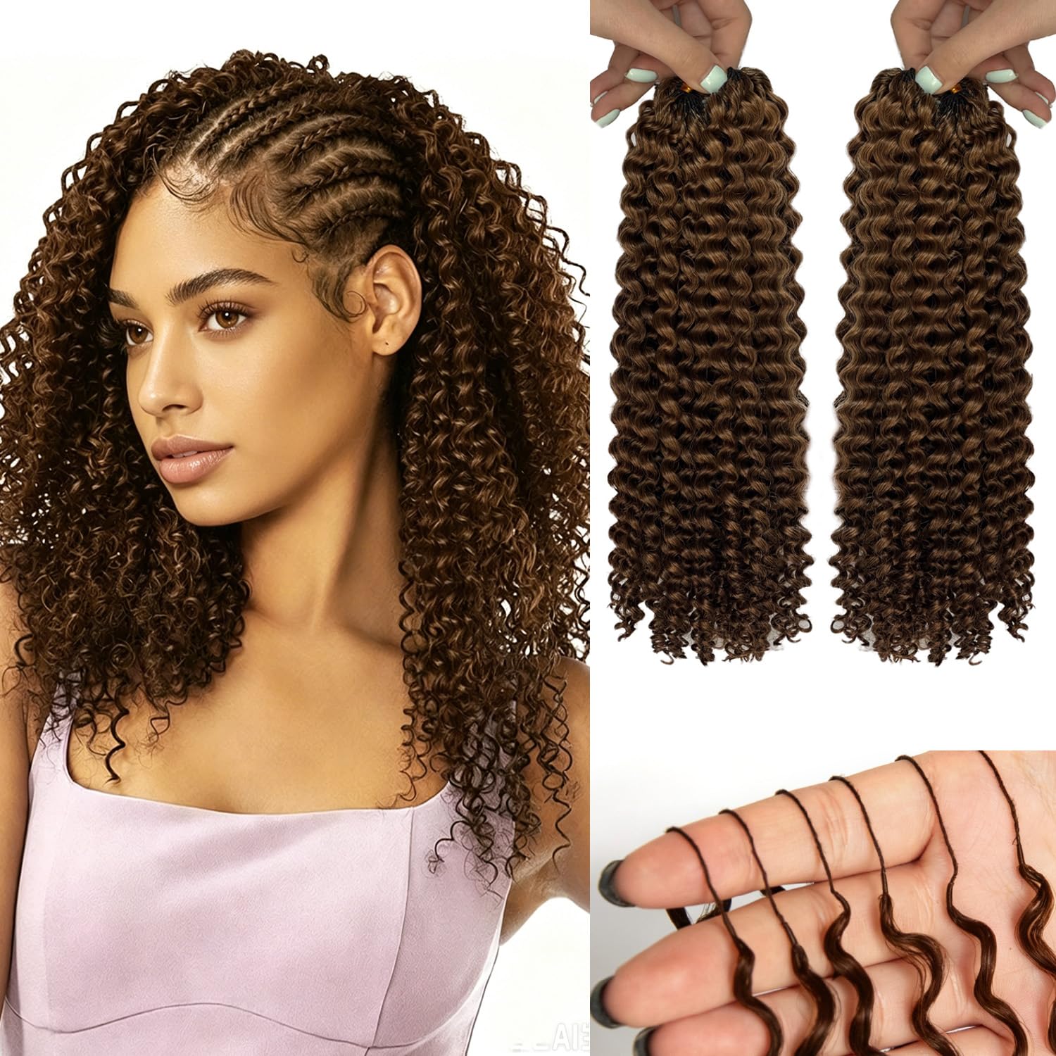 GOWIK Deep Wave Brown Crochet Human Hair Extensions 10-30 Inch 60G/1pack Micro Pre Looped Water Wave Human Feather-Line Invisible Crochet Bundles Pre Separated Knotless Curly Corchet Human Hair for Women with Braiding