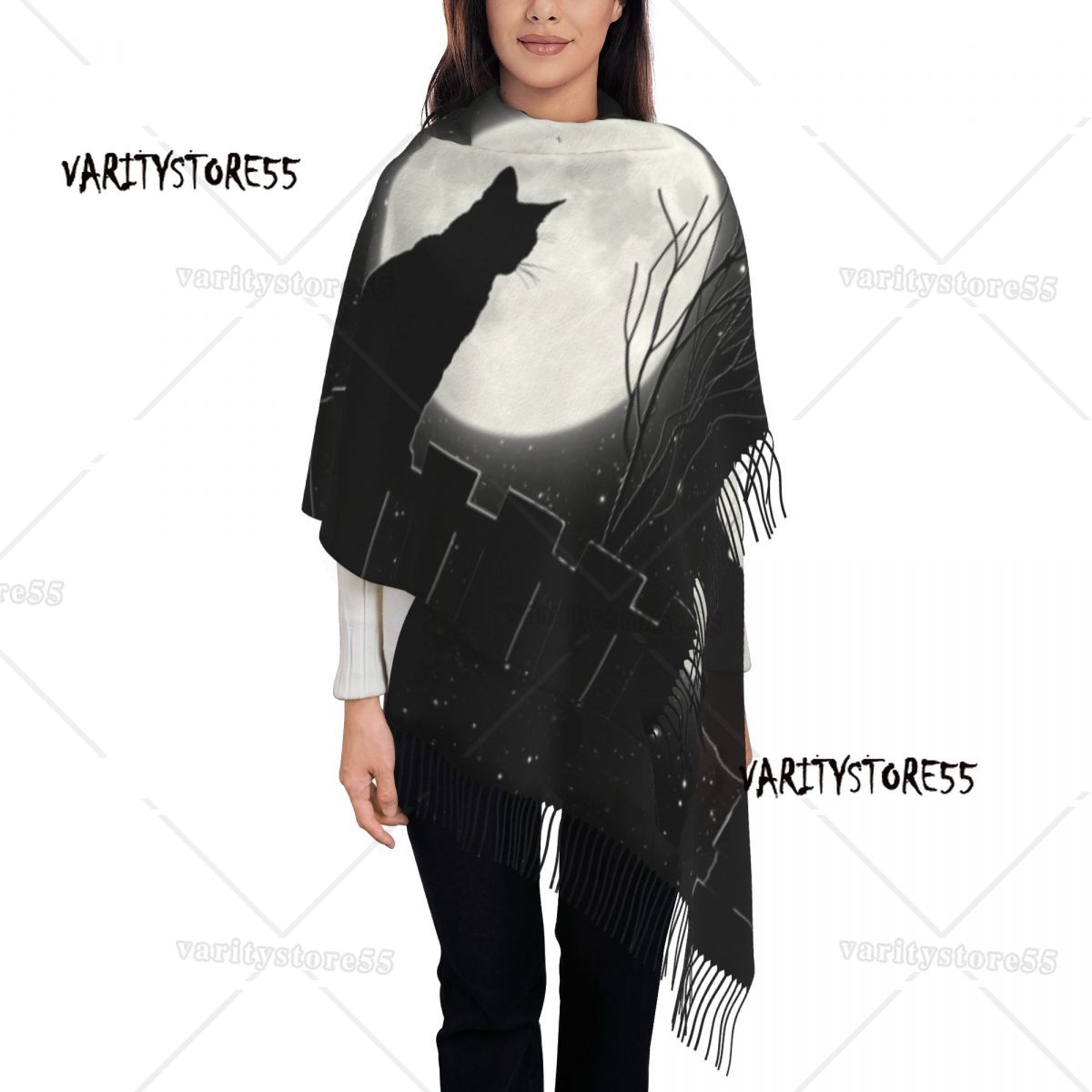 Schwarze Katze, die den Vollmond-Schal betrachtet, wickeln Frauen lange Winter warme Quaste Schal Unisex Tier Cartoon Schals