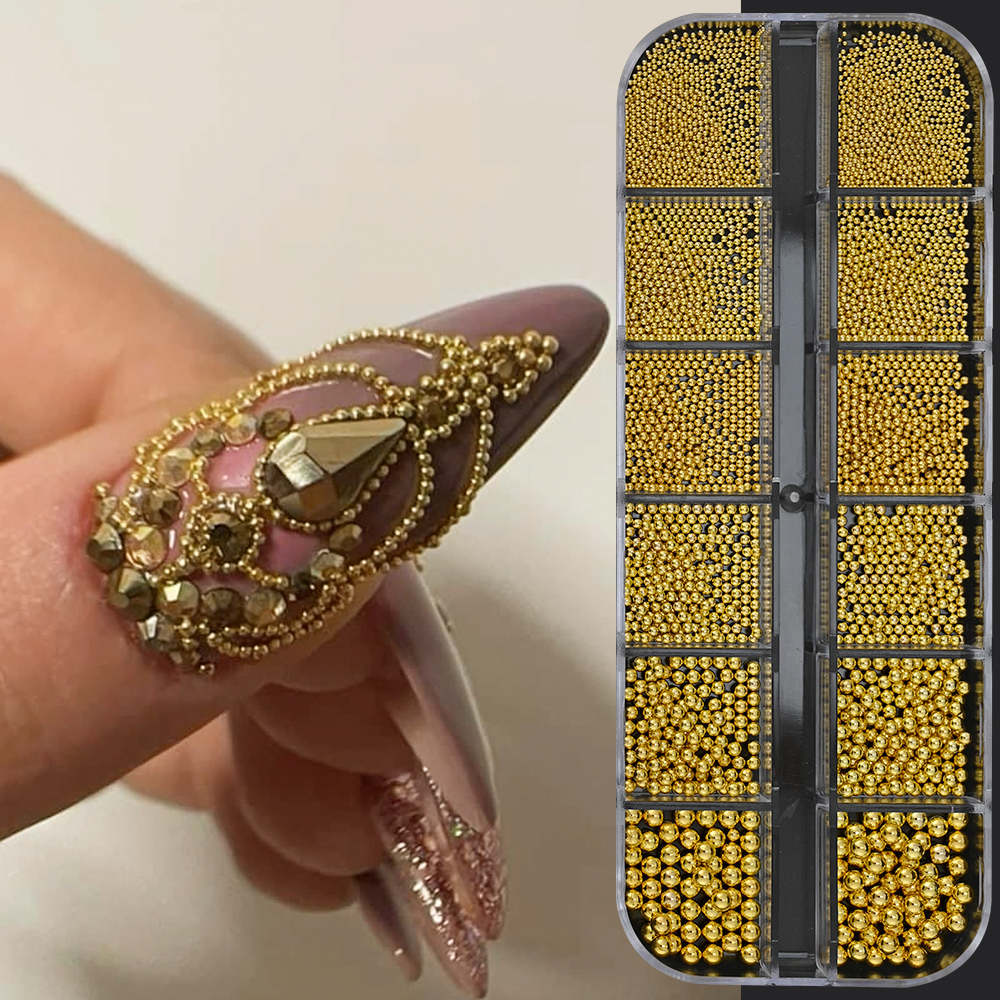12grid/kotak Emas Caviar Beads hiasan kuku 3D ukuran Campuran Mini manik bulat Y2K dekorasi kuku DIY seni kuku bagian logam Aksesori
