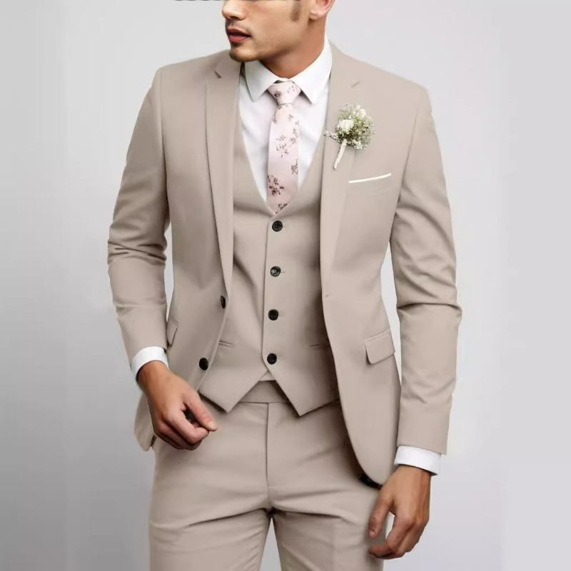 KIDWHXR Pakken Mannen Effen Kleur Blazer Mannelijke V-hals Single-breasted Vest Rechte pijpen Broek Man Eenvoudige Bruiloft Business 3-delige set