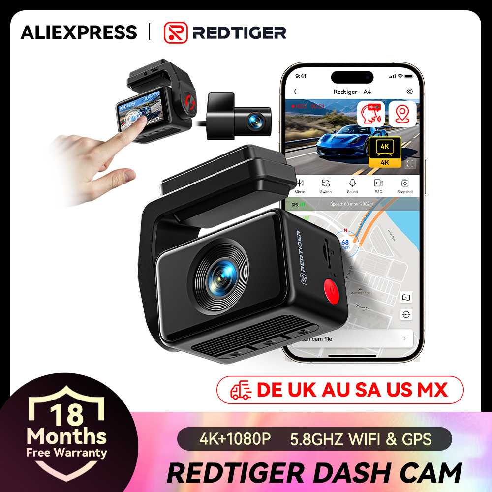Видеорегистратор REDTIGER A4 с двумя камерами (фронтальная и задняя), 4K, Wi-Fi, GPS, для круглосуточной записи, черный ящик для автомобиля