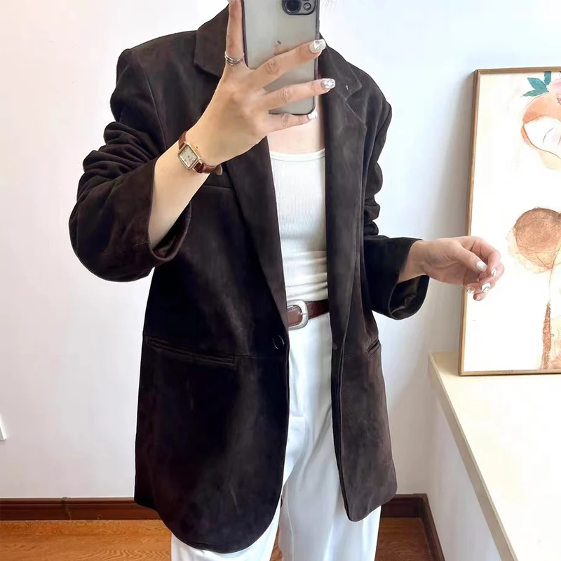 Moda camada superior camurça terno jaqueta para mulher importado criança camurça 100% couro um botão voltar fenda corte casaco linda fúcsia ceket