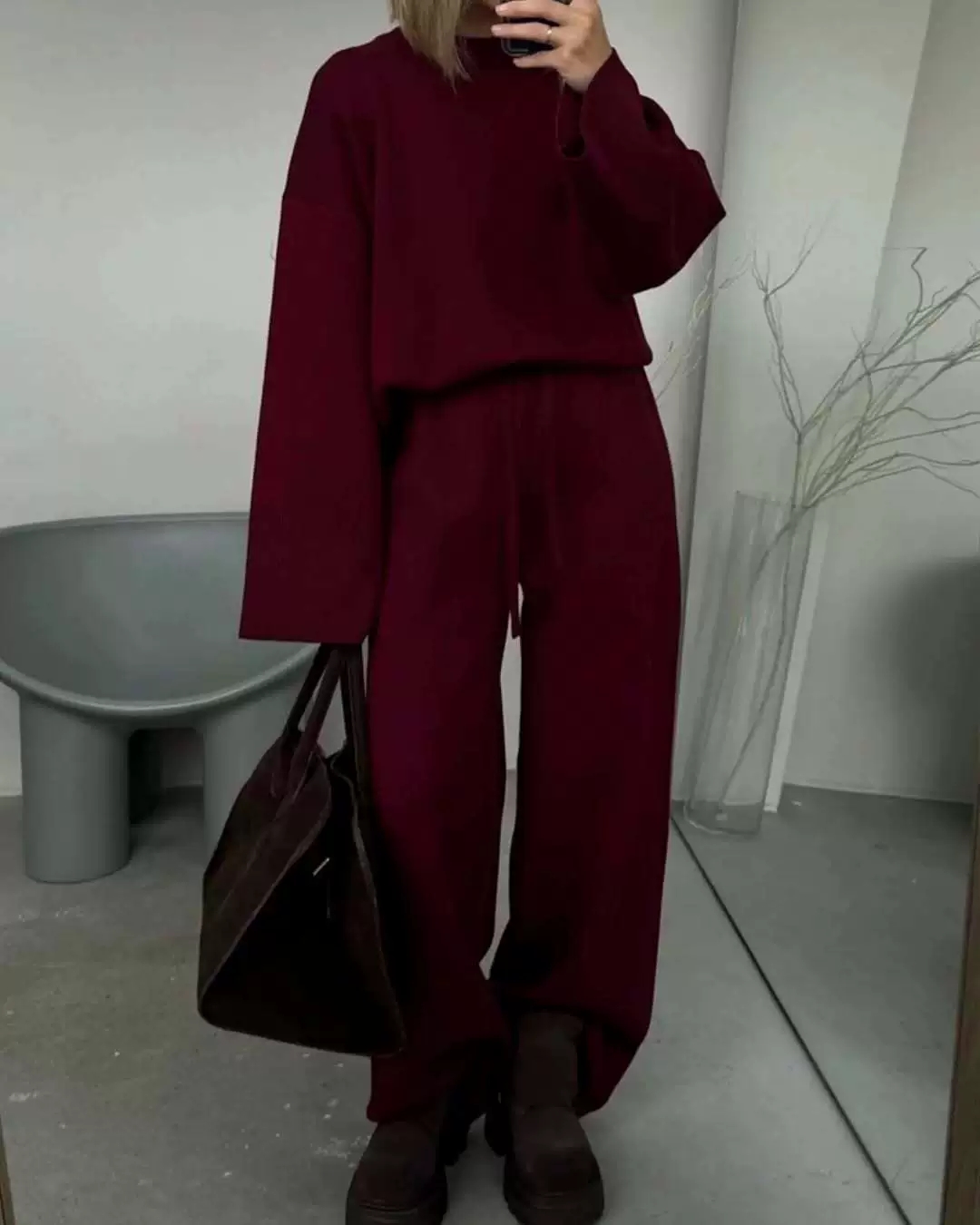 春秋無地コーデュロイパンツセット女性ルーズ長袖ワイド脚ズボン 2 点セット女性通勤服