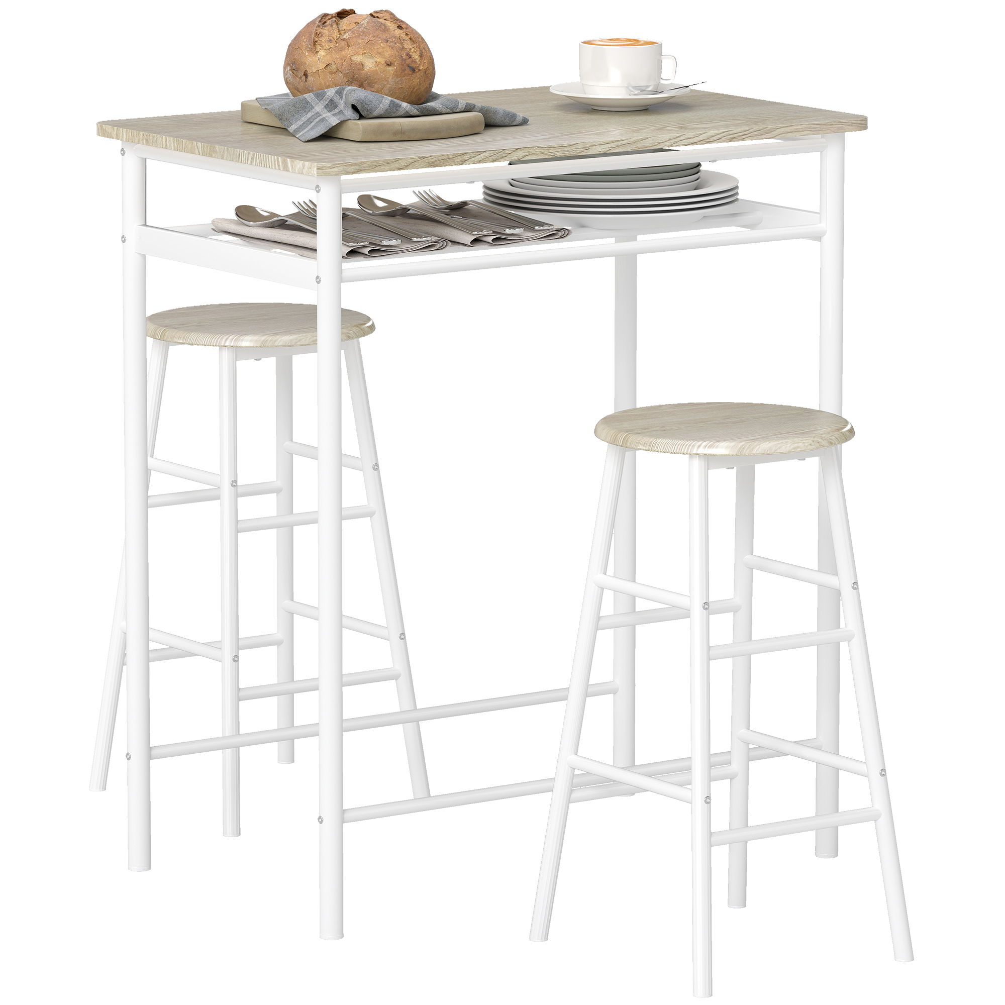 Homcom Barmöbel-Set mit hohem Tisch und 2 Hockern für die Küche, 80 x 50 x 90 cm