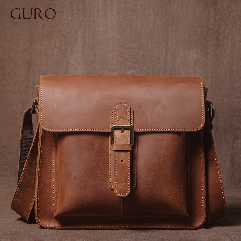 GURO Luxe Merk Echt Lederen Schoudertas Mannen Crazy Horse Koeienhuid Messenger Bag Vrouwen Retro Crossbody Tas Trend Satchel Bag