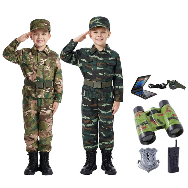 Disfraz de camuflaje para niños con bolsillos con botones y sombrero con cinturón para gimnasia escolar, actividades de campamento de verano, incluye juguetes de 5 piezas