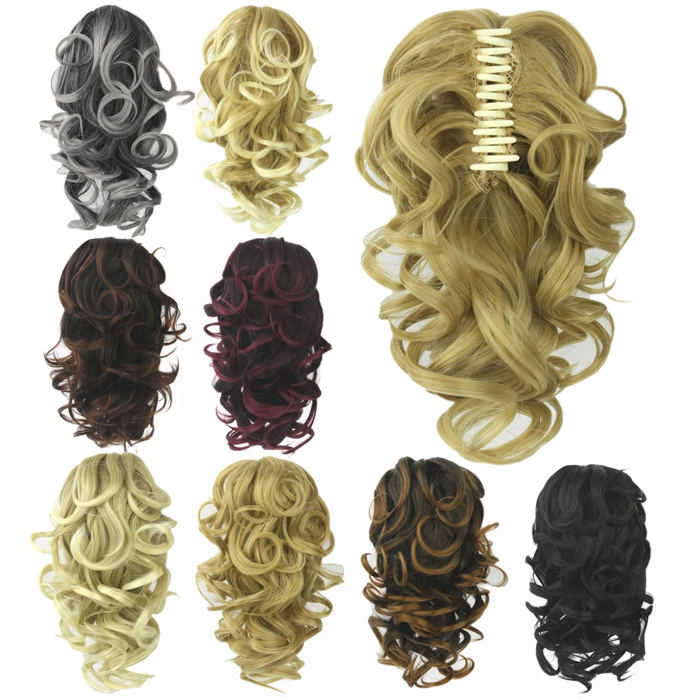 Soowee, pelo sintético corto y rizado, Clip negro a Borgoña, extensión de cabello, cola de caballo pequeña, cola de caballo, pelo falso en Clips