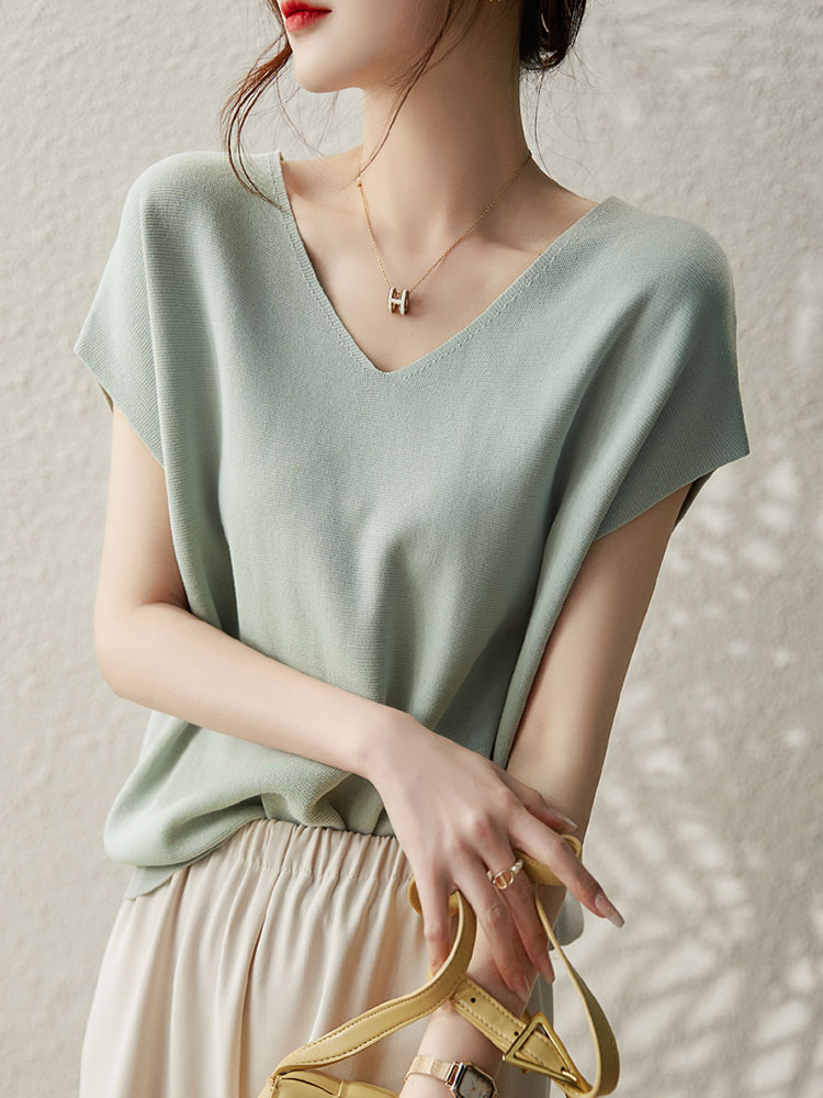 Camiseta con cuello en V para mujer, Top de manga de murciélago, camisetas de manga corta de verano 2025, ropa informal sólida, camiseta tejida para mujer