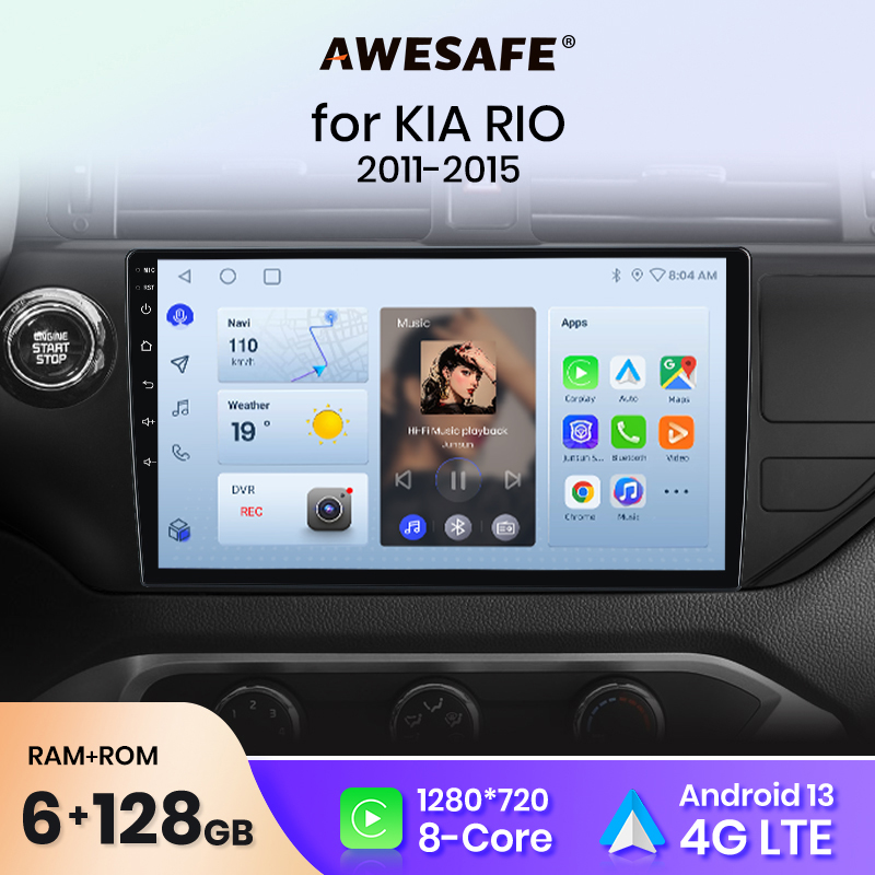 Radio de coche inalámbrico AWESAFE con CarPlay y Android Auto para KIA RIO 2011 2012 2013 2014 2015, GPS, navegador, SWC, FM, BT, Plug and Play, DSP, estéreo