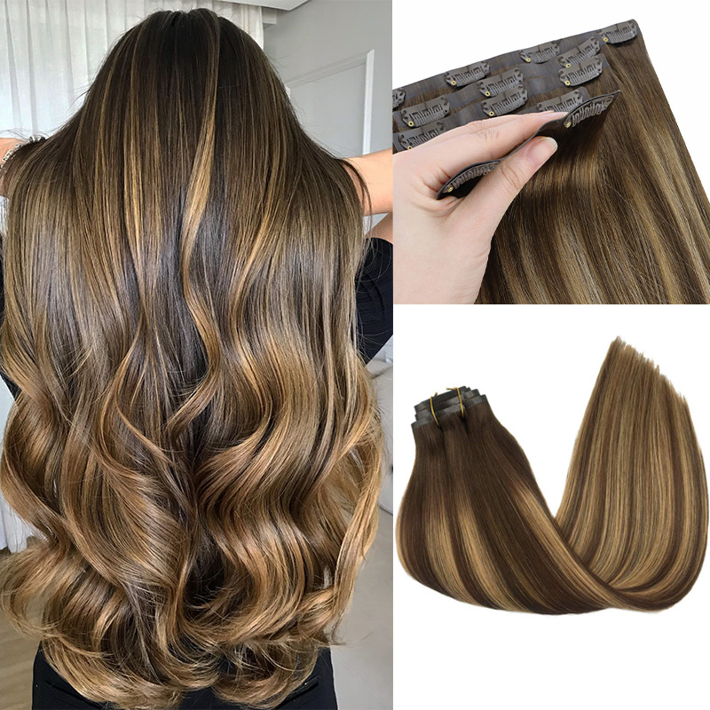 Extensions de cheveux à clipser Sunmofavo en PU, cheveux humains, couleur balayage ombré blond invisible, trame de cheveux Remy, 150g avec clip