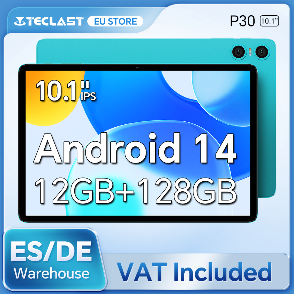Teclast P30 Android 14 tablet, UNISOC T606 Octa Core, 10,1" IPS, Max. 12 GB RAM, 128 GB ROM, 6000 mAh, 5 MP AI-camera, gezichtsontgrendeling