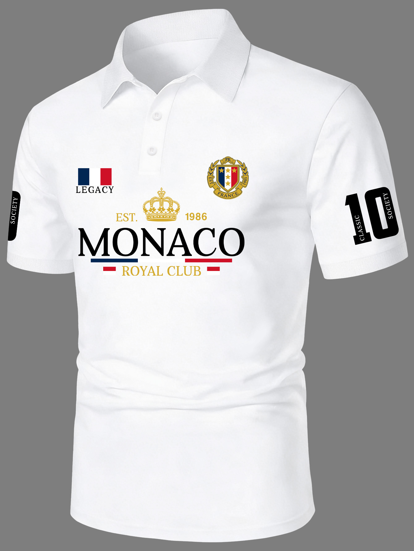 Camisa Polo Masculina Estilo Elegante com Estampa de Coroa Real, Gola Dobrável, Manga Curta, Poliéster, Detalhe de Número 10 na Manga, Tamanhos S-XXL