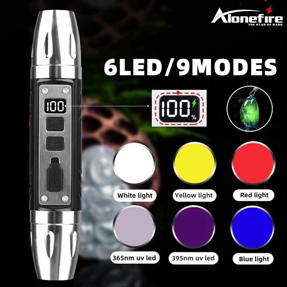 Senter LED LCD 6-in-1 Putih Kuning UV 365nm/395nm Pengisian Daya USB untuk Perhiasan Batu Giok Noda Hewan Peliharaan Penanda Bijih Uang Cahaya Kalajengking